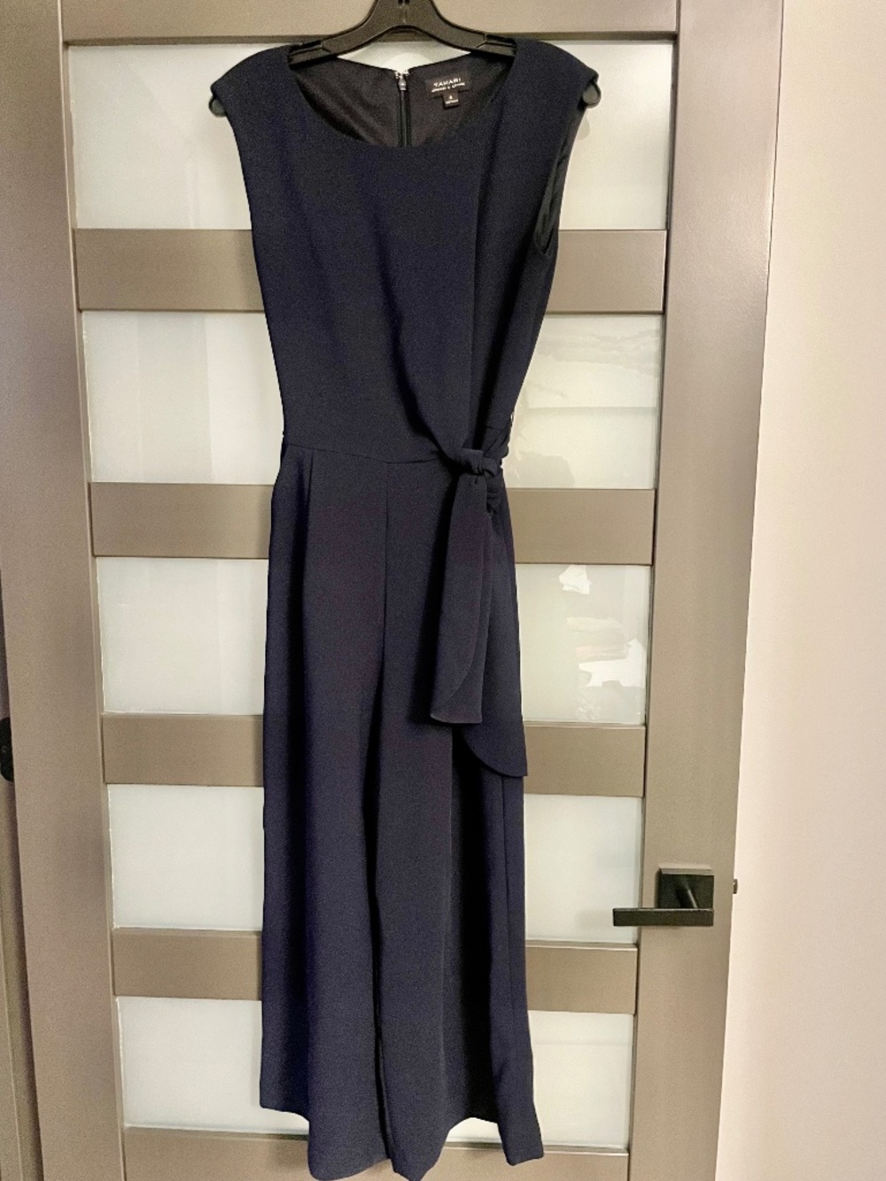 TAHARI Arthur S. Levine Navy Blue Crepe Wide Leg Tie Waist Jumpsuit 6